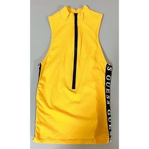 Guess Yellow Logo Zip-Up Mock-Neck Racerback Tank Top Tee T-Shirt Blouse Size XS